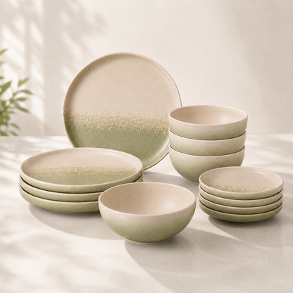Stoneware 12-Piece Ceramic Dinnerware Set - Machu Picchu Moss