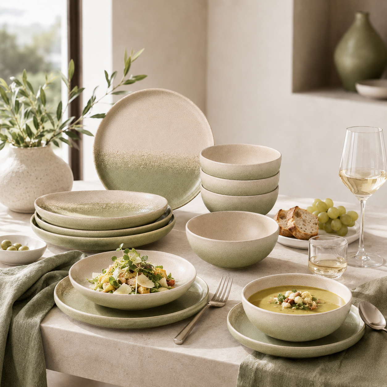 Stoneware 12-Piece Ceramic Dinnerware Set - Machu Picchu Moss