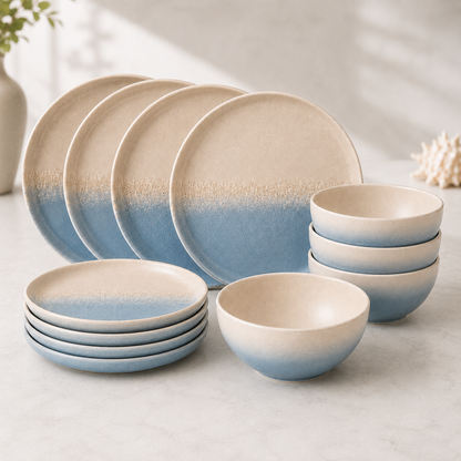 Stoneware 12-Piece Ceramic Dinnerware Set - Santorini Aegean Sea