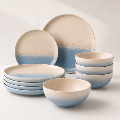 Stoneware 12-Piece Ceramic Dinnerware Set - Santorini Aegean Sea