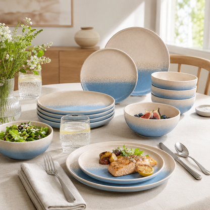 Stoneware 12-Piece Ceramic Dinnerware Set - Santorini Aegean Sea